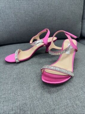 MIA Hot Pink Satin Mid-Heel Sandals with Crystal Straps